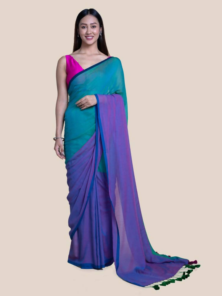 Suta Purple Green Colourblocked Mul Saree | Grocsy
