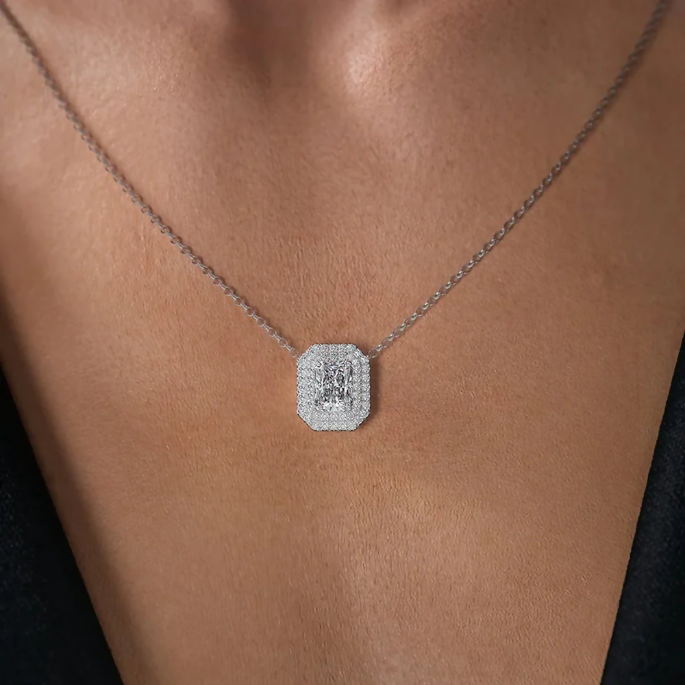 Cauer Elegant Radiant Moissanite Pendant Chain 14K Sterling Silver White Gold Plated | Grocsy