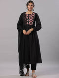 Juniper Women's Black Cotton Dobby Solid With Embroidery Flared Kurta Sets | Grocsy