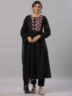 Juniper Women's Black Cotton Dobby Solid With Embroidery Flared Kurta Sets | Grocsy