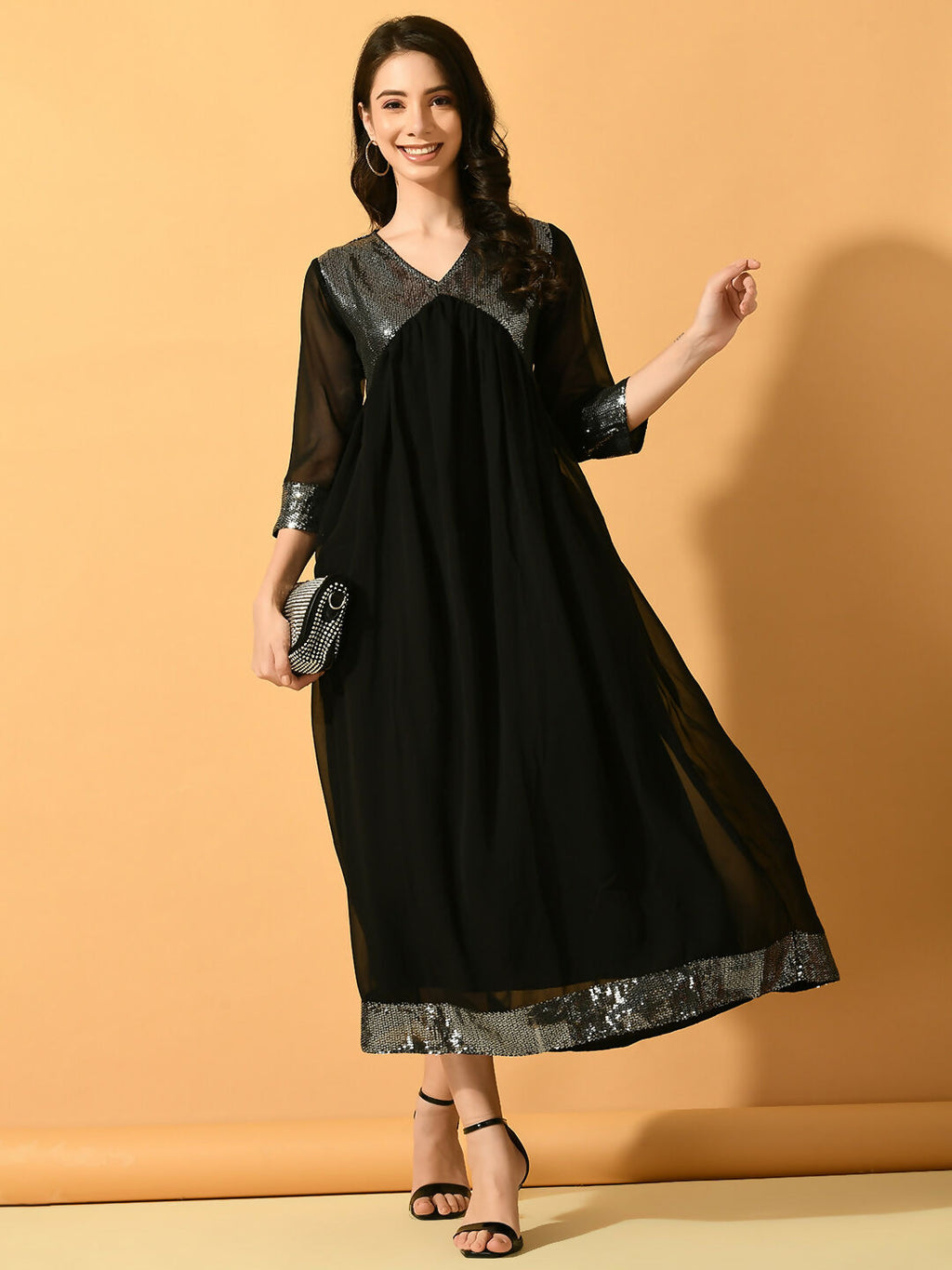 Myshka Women's Black Fit and Flare Party Dress | Grocsy