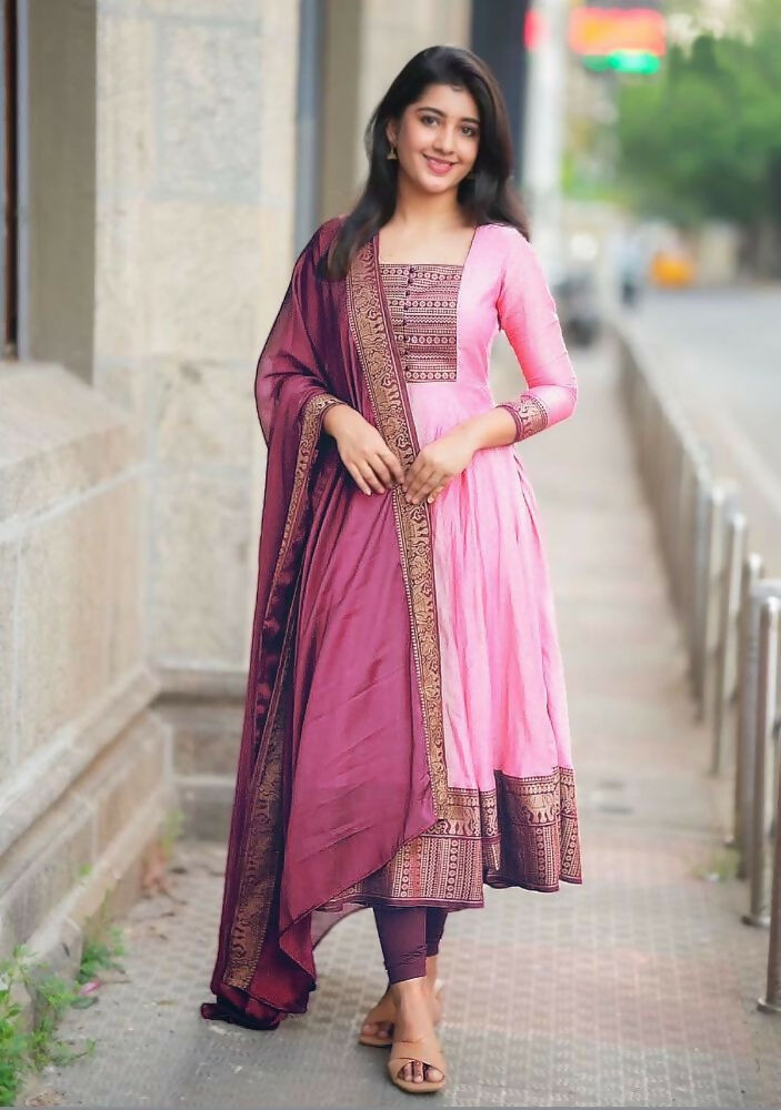 Teeya Creation Womens New Elegant Pink Anarkali Gown with Embroidered Yoke Contrasting Wine Dupatta Set | Grocsy