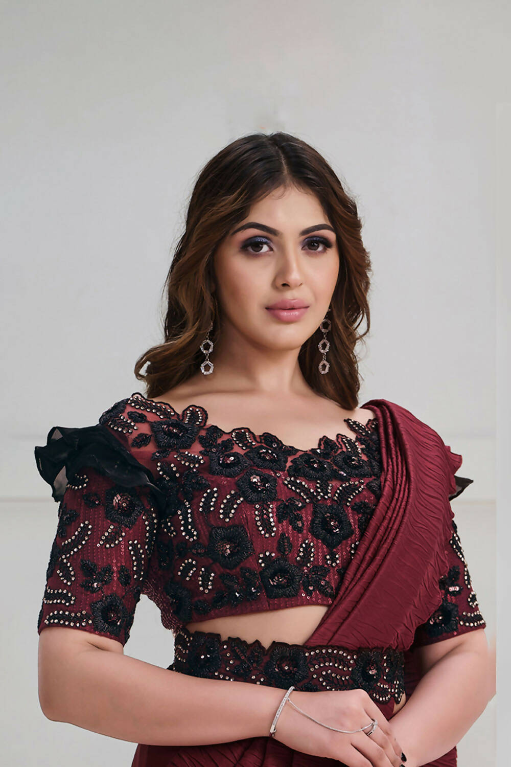 Maroon Crepe Silk Georgette Texture with Cord, Sequence Embroidered & Stone work Saree - Mohmanthan Majestica | Grocsy