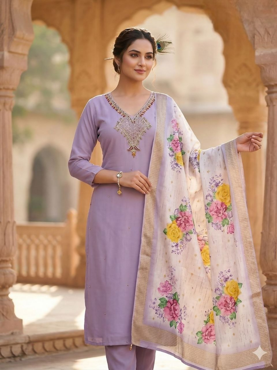 Teeya Creation Womens New Fancy Premium Mul Chanderi Kurta Set - Lavender | Grocsy