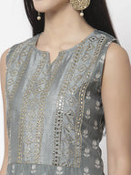 Myshka Women Grey Cotton Blend Printed Sleeveless Round Neck Kurta With Sharara & Dupatta Set | Grocsy