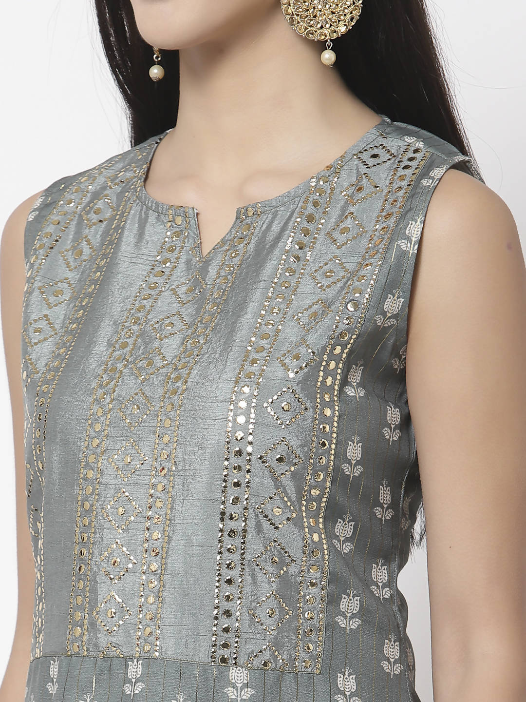 Myshka Women Grey Cotton Blend Printed Sleeveless Round Neck Kurta With Sharara & Dupatta Set | Grocsy