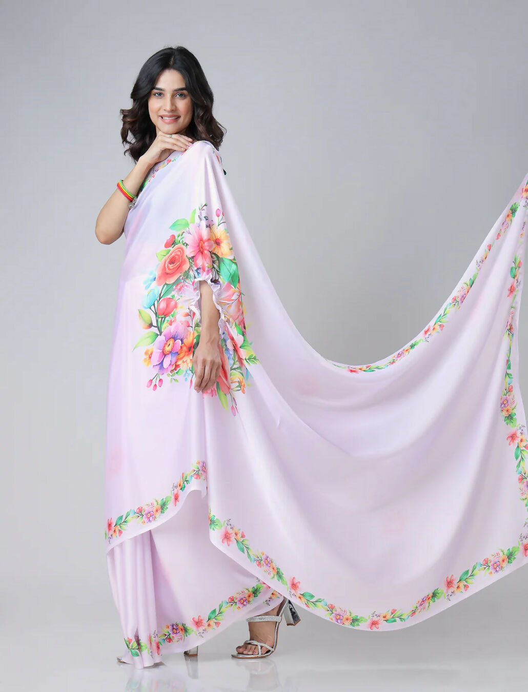 Vastranavya Mauve Freehand Flower Print Ready to Wear Saree | Grocsy