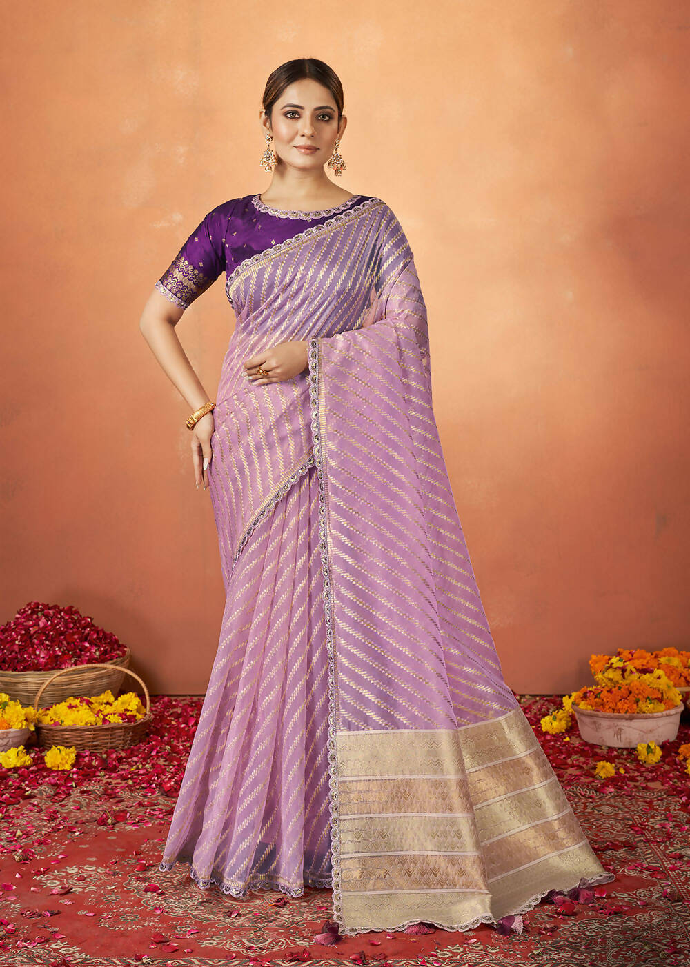 Violet Organza Silk Woven Design Saree With Unstitched Blouse Piece - Norita Royal Pradha | Grocsy