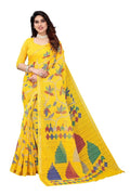 Vamika Yellow Linen Zari Border Printed Saree | Grocsy