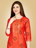 Jyoti Fashion Women's Orange Viscose Rayon Embroidered Kurta Pant Set | Grocsy