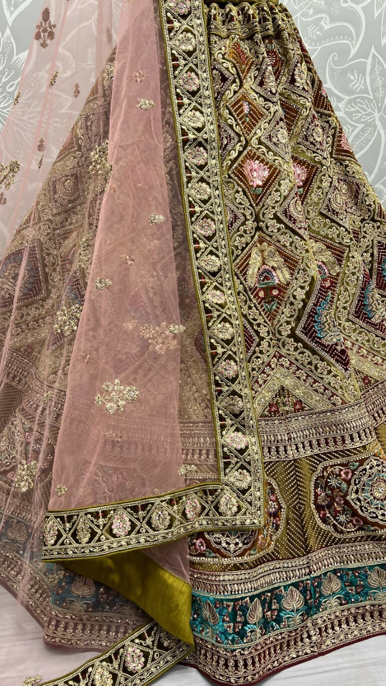 Jyoti Fashion Women's Mehendi Velvet Dori, Multi Thread Embroidered with Zircon Diamond Work Wedding Lehenga Choli | Grocsy