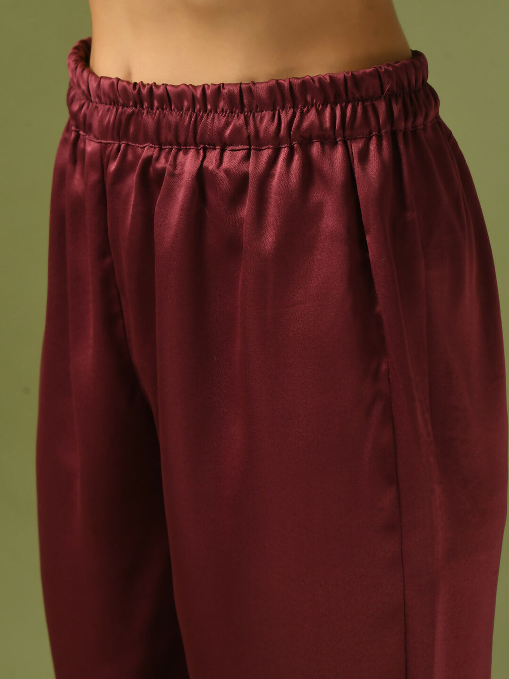 Myshka Women's Maroon Solid Satin V-Neck Party Tunic With Trousers Co-ord set | Grocsy