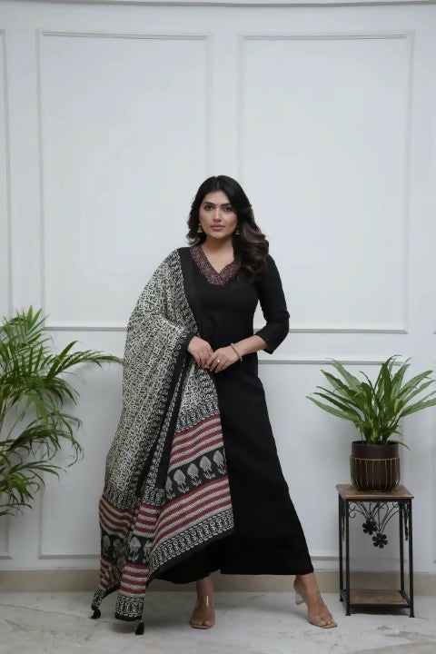 The52 Black Women's Gorgeous Parampara Fabric Embroidered Work Straight Kurta Palazzo and Dupatta Set | Grocsy