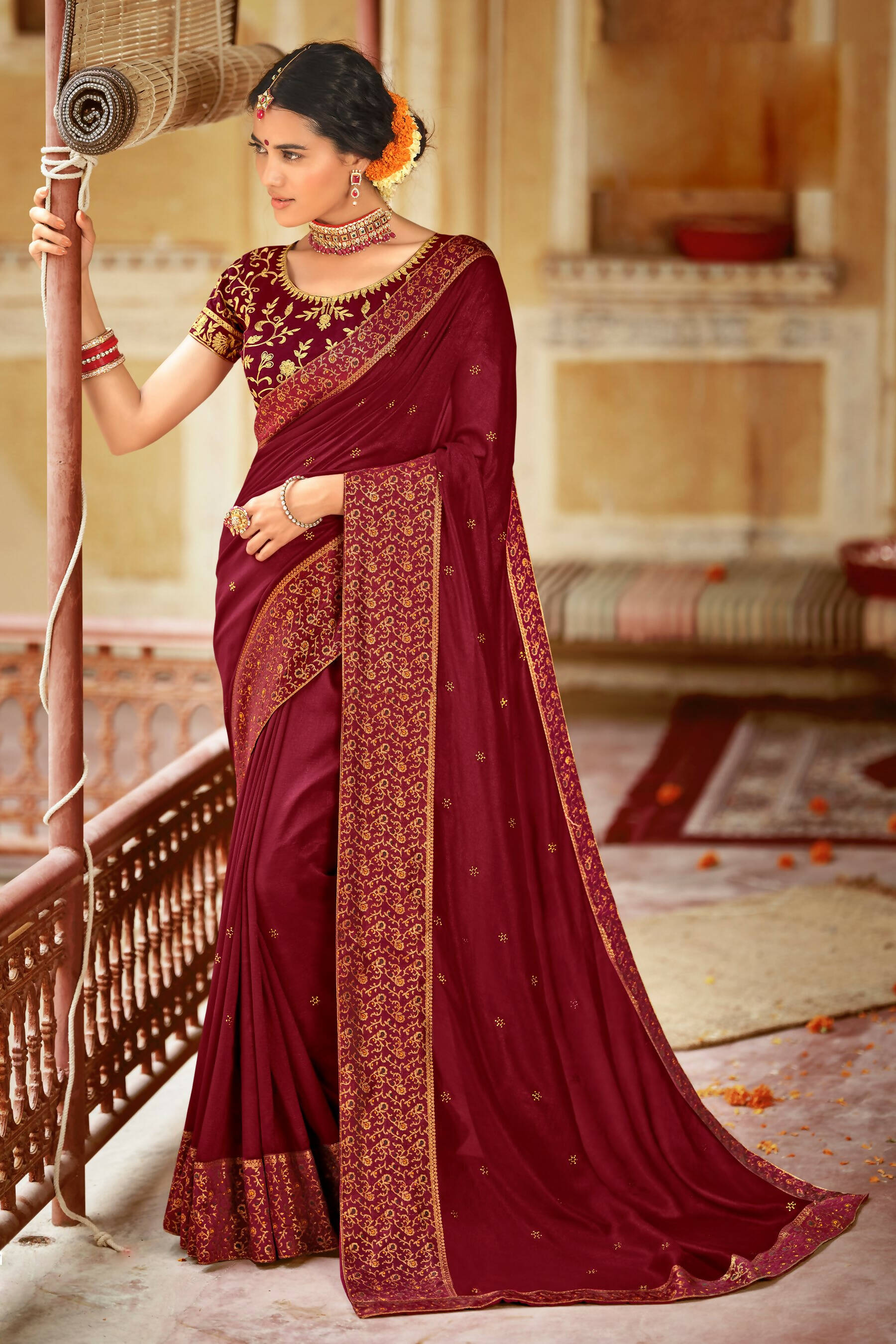 Maroon Vichitra Stone Work Saree With Unstitched Blouse Piece - Rosy | Grocsy