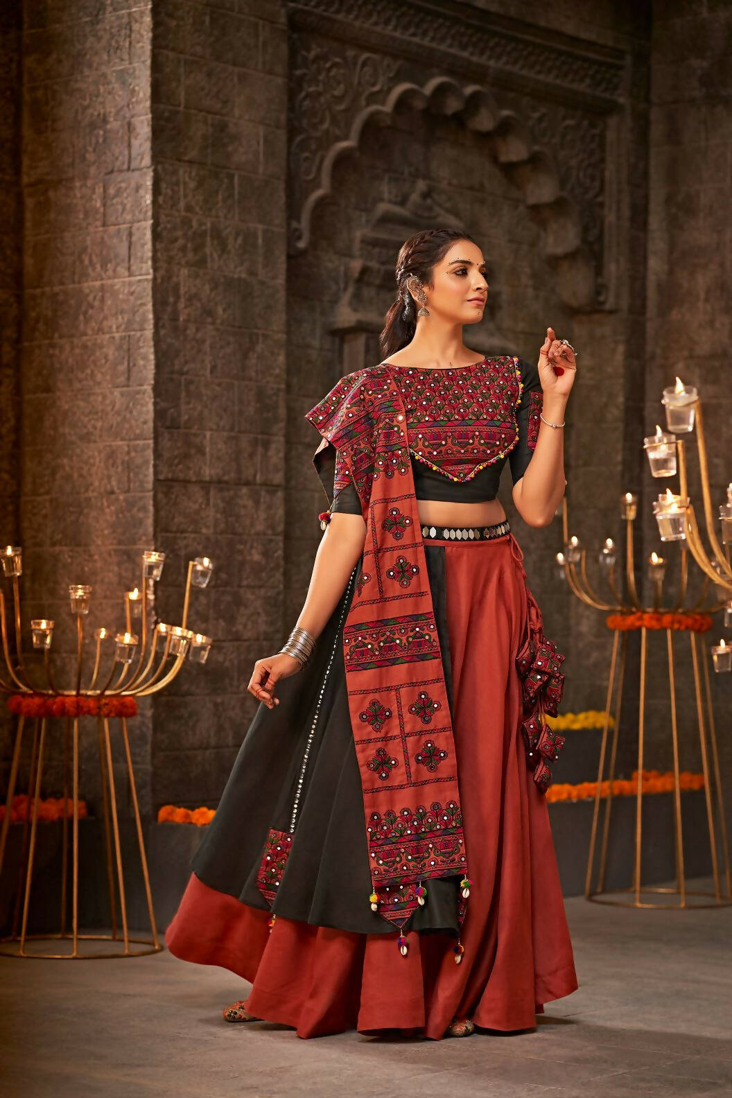 Orange Cotton Thread Embroidered Navratri Lehenga Choli with Dupatta - Raas | Grocsy