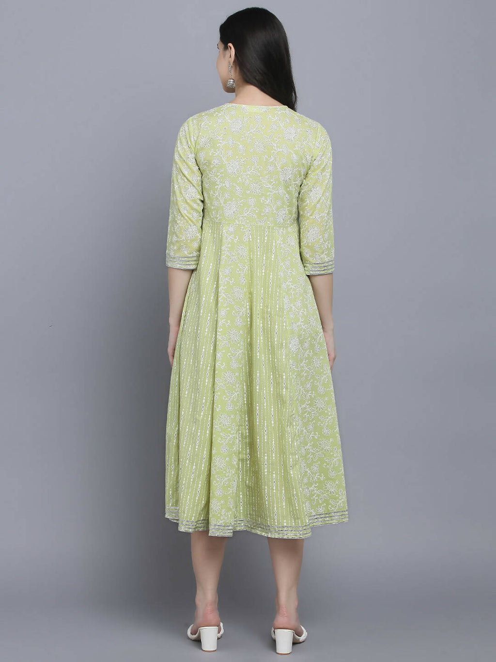 Myshka Women's Green Ethnic Motifs A-Line Midi Dress | Grocsy