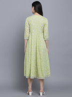 Myshka Women's Green Ethnic Motifs A-Line Midi Dress | Grocsy