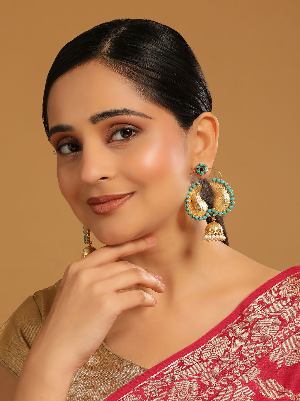 Nuyug 22K Gold Plated Turquoise Stone Studded Contemporary Mini Jhumki Dangler Earrings | Grocsy