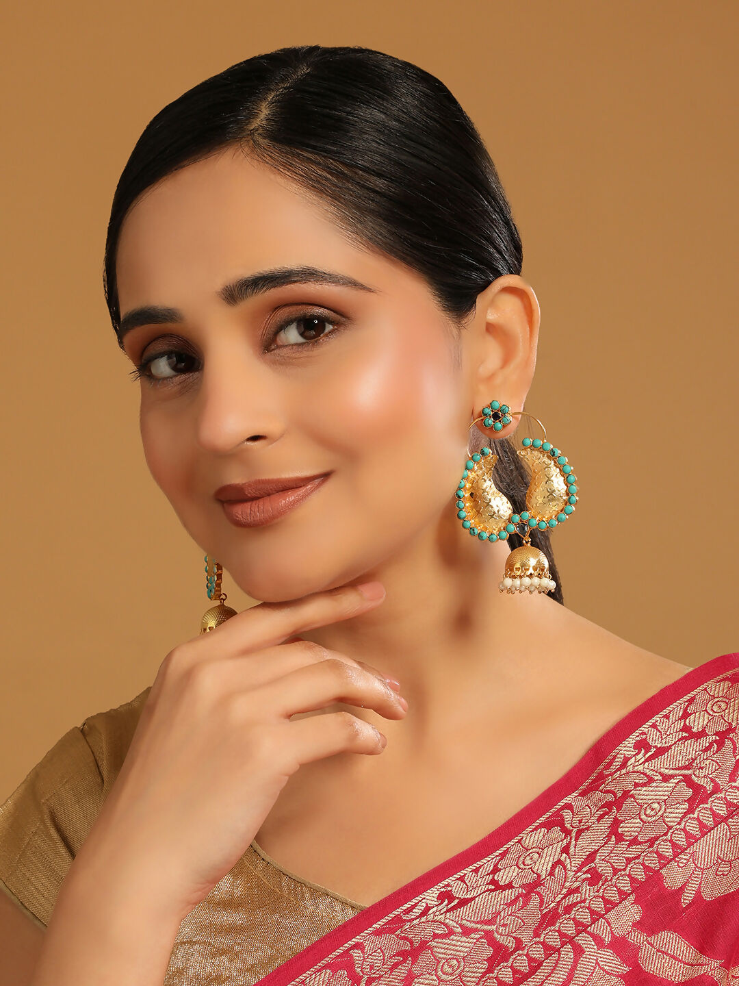 Nuyug 22K Gold Plated Turquoise Stone Studded Contemporary Mini Jhumki Dangler Earrings | Grocsy