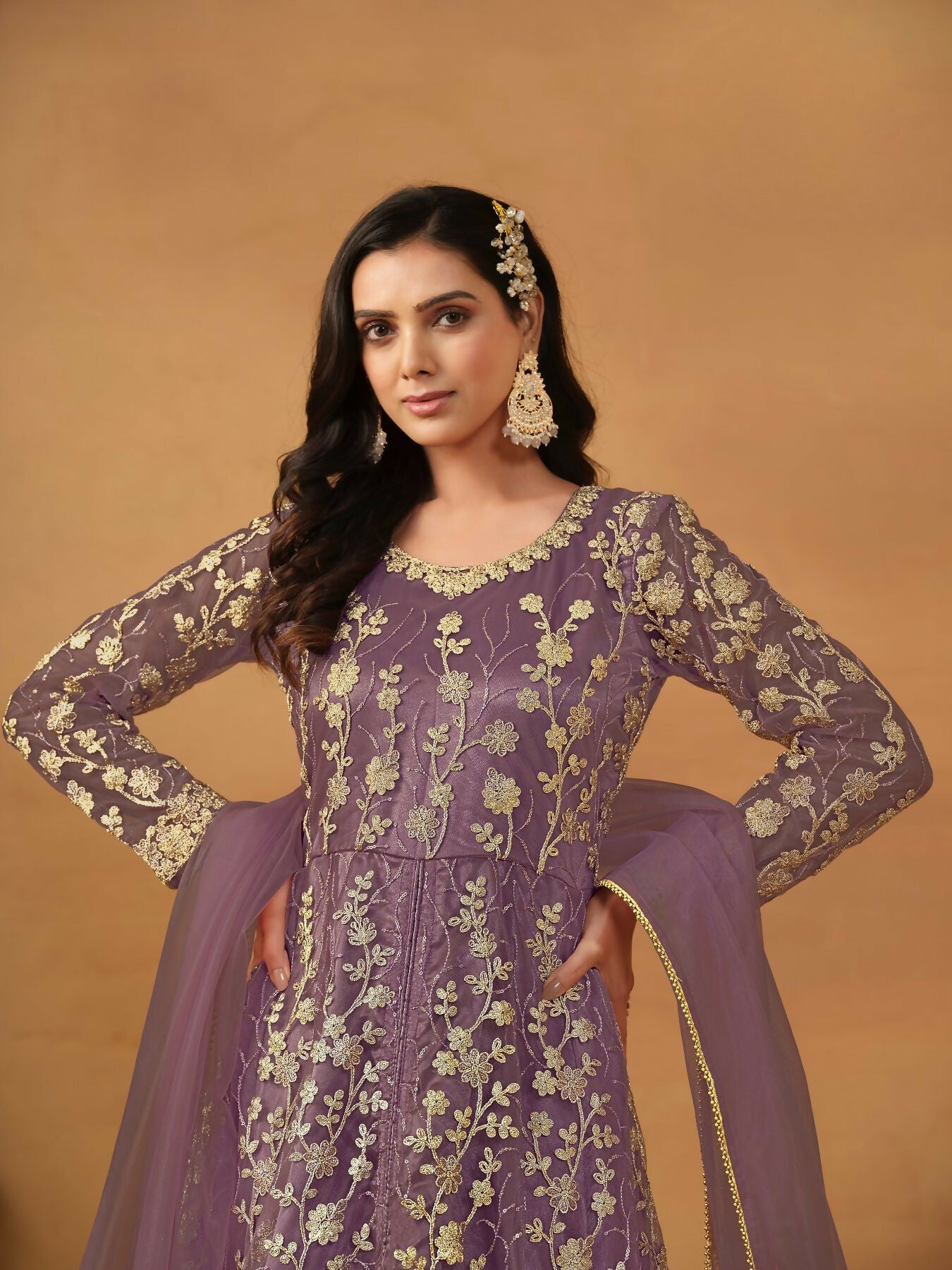 Anaita Purple Embroidered Net Anarkali Suit | Grocsy