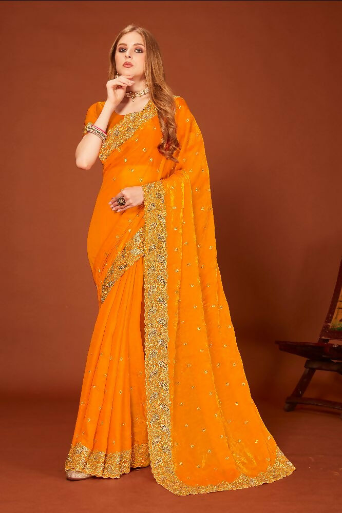 PR Fashion Mustard Fendi Two Tone Silk Heavy Zari Embroidery Work With Heavy Siroski Work Saree | Grocsy