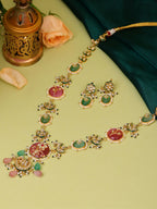 Ruby Raang Gold Polished Kundan Work Multi-Color Long Mint Stonework Necklace With Earrings | Grocsy