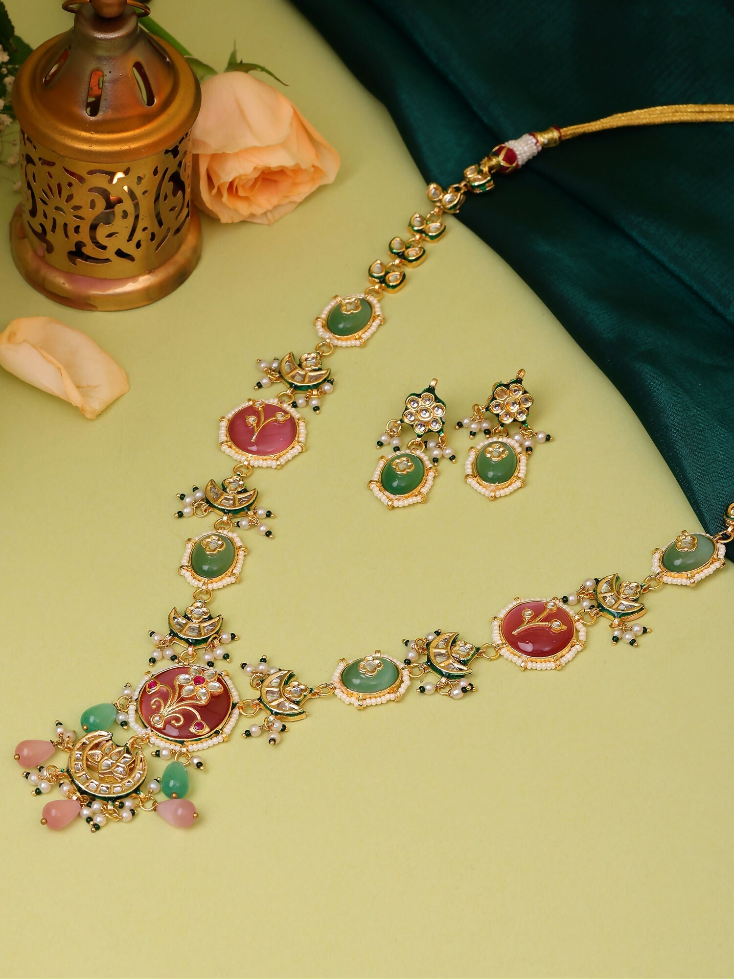 Ruby Raang Gold Polished Kundan Work Multi-Color Long Mint Stonework Necklace With Earrings | Grocsy