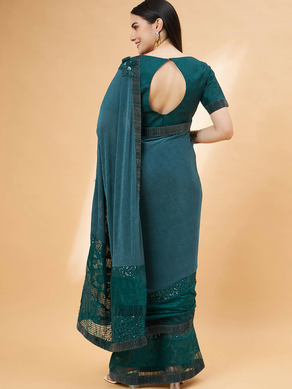 Green Lycra Flock Work, Seuqins Embroidery, Handwork Shoulder Butta Saree - Norita Hit Design | Grocsy