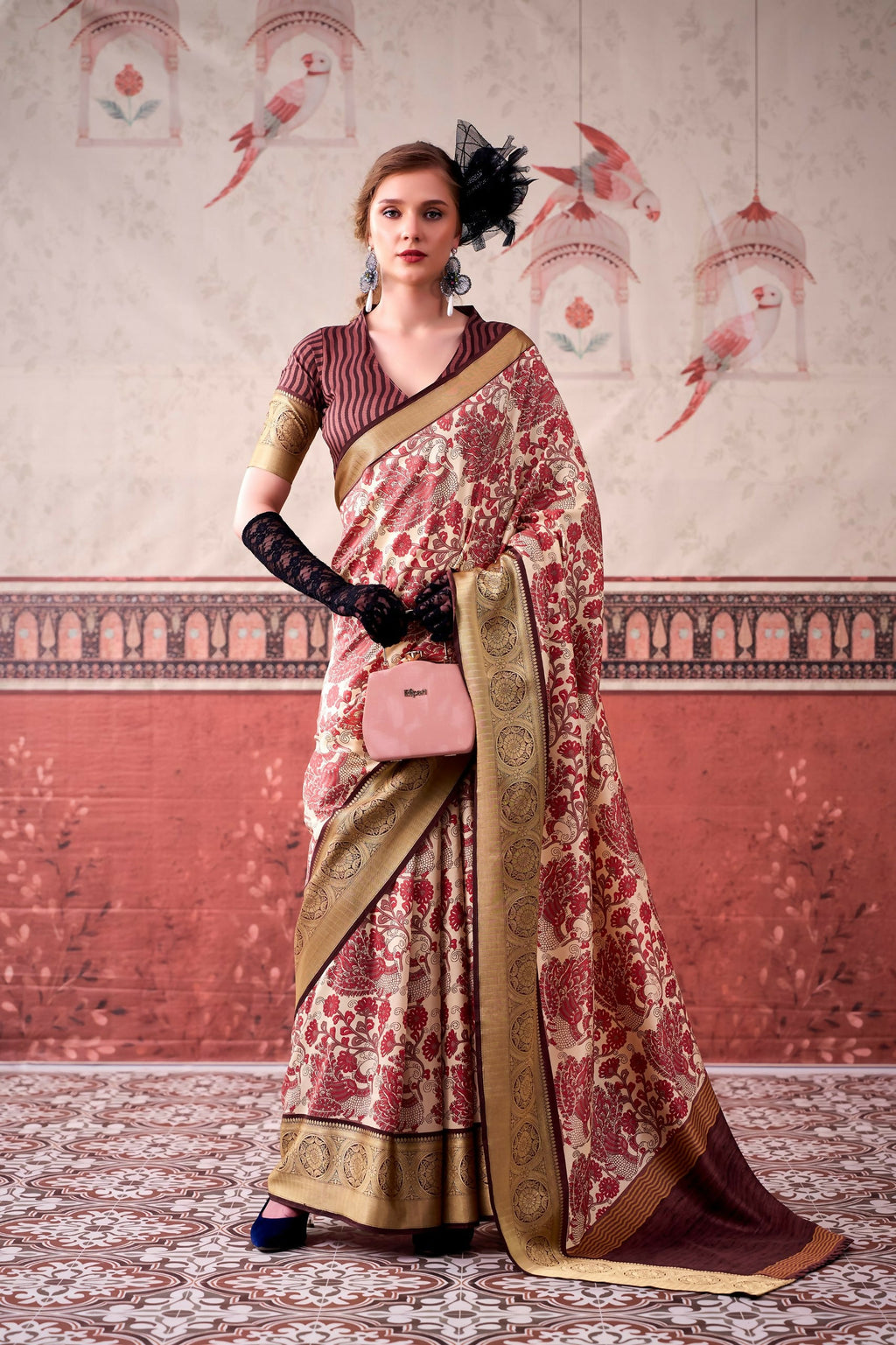 Vastranavya Pink Tussar Silk Printed with Viscose Border Saree & Unstitched Blouse | Grocsy