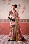 Vastranavya Pink Tussar Silk Printed with Viscose Border Saree & Unstitched Blouse | Grocsy