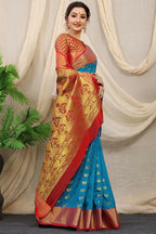 Jyoti Fashion Women's Firozi Banarasi Silk Zari Woven Saree with Blouse | Grocsy