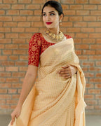 DEIANA'S Beautiful Designer Golden zari Soft Lichi Silk Saree - Cream | Grocsy
