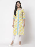 Myshka Women Yellow Cotton Printed 3/4 Sleeve Round Neck Kurta | Grocsy