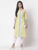 Myshka Women Yellow Cotton Printed 3/4 Sleeve Round Neck Kurta | Grocsy