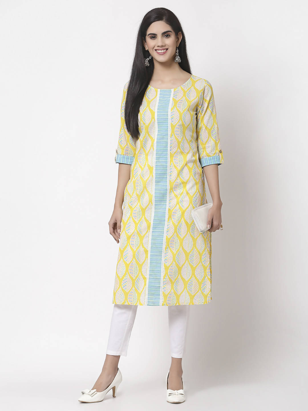 Myshka Women Yellow Cotton Printed 3/4 Sleeve Round Neck Kurta | Grocsy