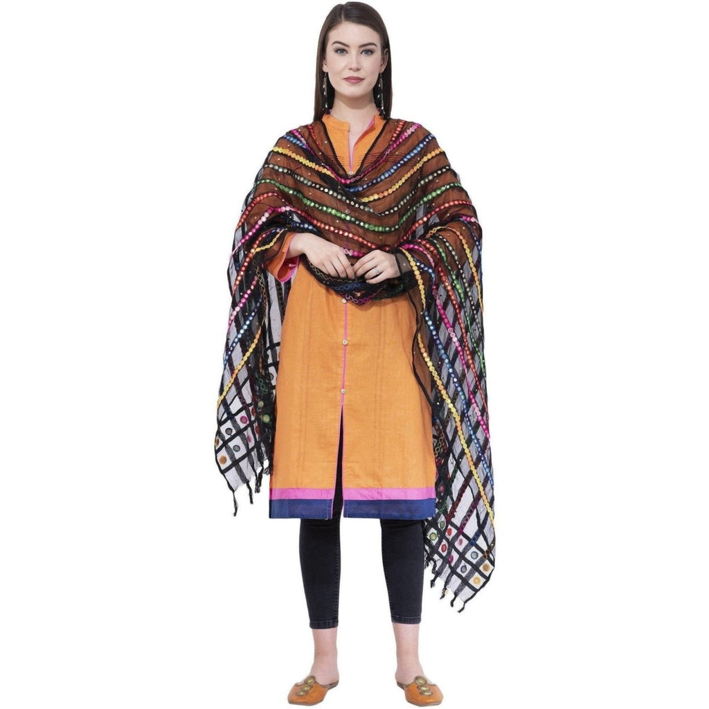 A R Silk Women's Multi Thread Work Orgenza Cotton Black Dupattas and Chunnis | Grocsy