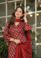 Red Pure Cotton Printed Anarkali Suit with Dupatta - Rashmika | Grocsy