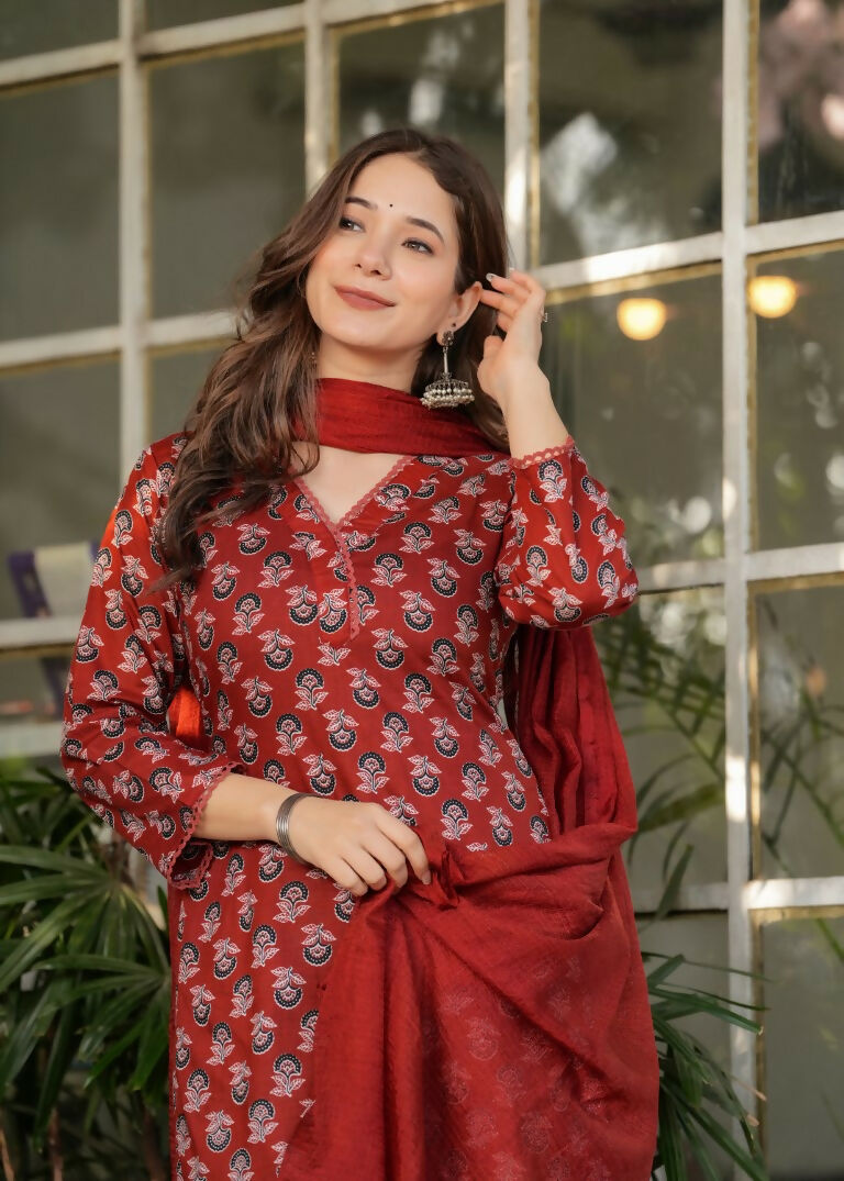 Red Pure Cotton Printed Anarkali Suit with Dupatta - Rashmika | Grocsy
