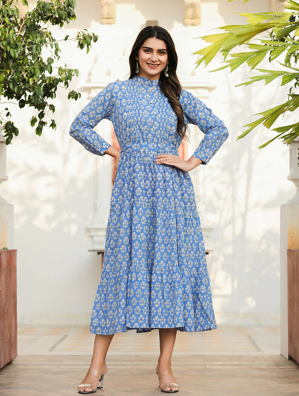 Kaajh Women's Blue Floral Handblock Print Cotton Dress | Grocsy