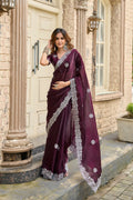 Vastranavya Wine Embroidery Work Shimmer Chiffon Saree with Unstitched Blouse | Grocsy