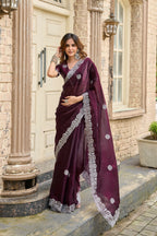 Vastranavya Wine Embroidery Work Shimmer Chiffon Saree with Unstitched Blouse | Grocsy