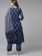 Yufta Women Navy Blue Gotta Patti Pure Cotton Kurta with Palazzo and Dupatta | Grocsy