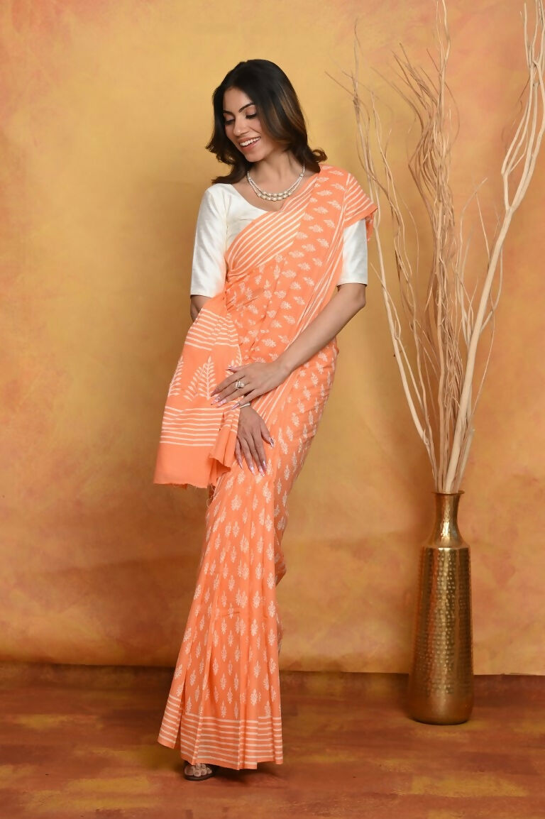 Very Much Indian Handblock Printed Cotton Saree With Natural Dyes - Light Peach | Grocsy