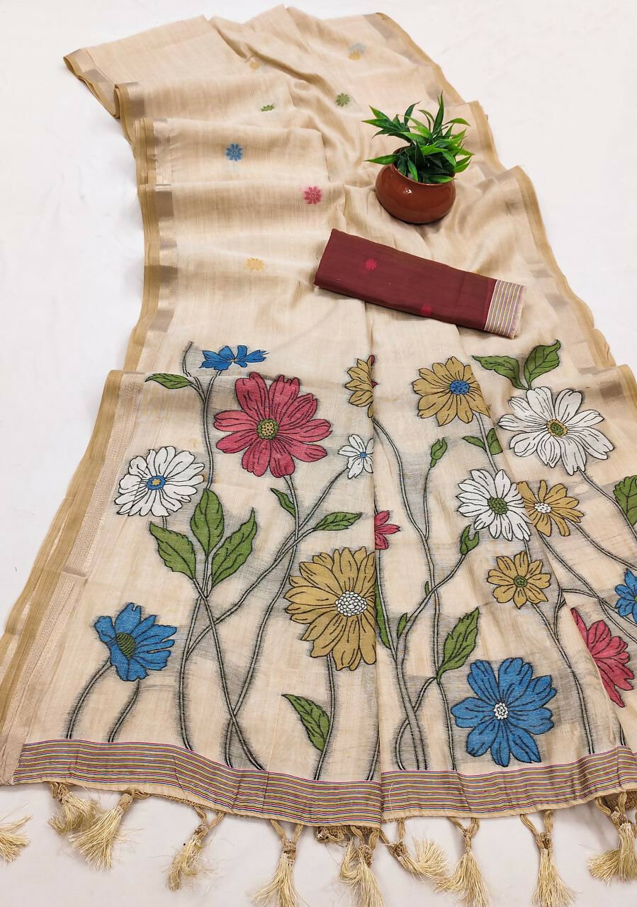 Vastranavya Cream Muga Cotton Meenakari & Azarakh Pallu Saree with Contrast Blouse | Grocsy