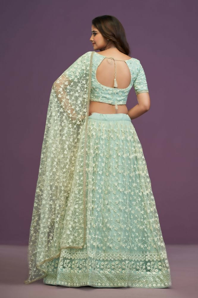 Pista Green Soft Net Thread Sequence Embroidery Work Lehenga Choli - Jihu Culture | Grocsy