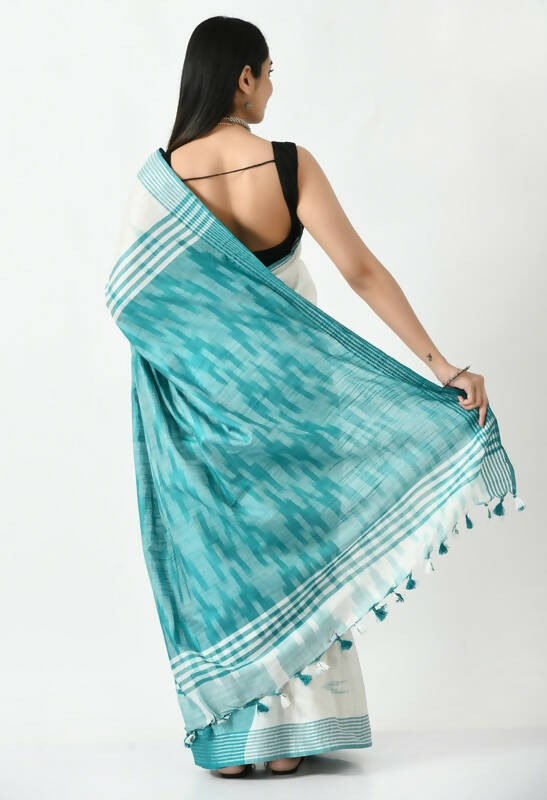 Mominos Fashion Moeza White & Sea Green Bhagalpuri Handloom Ikat Pure Cotton Saree with unstitched Blouse piece | Grocsy