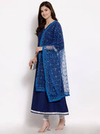 Myshka Women's Navy Blue Cotton 3/4 Sleeve V Neck Solid Casual Anarkali Kurta Dupatta Set | Grocsy