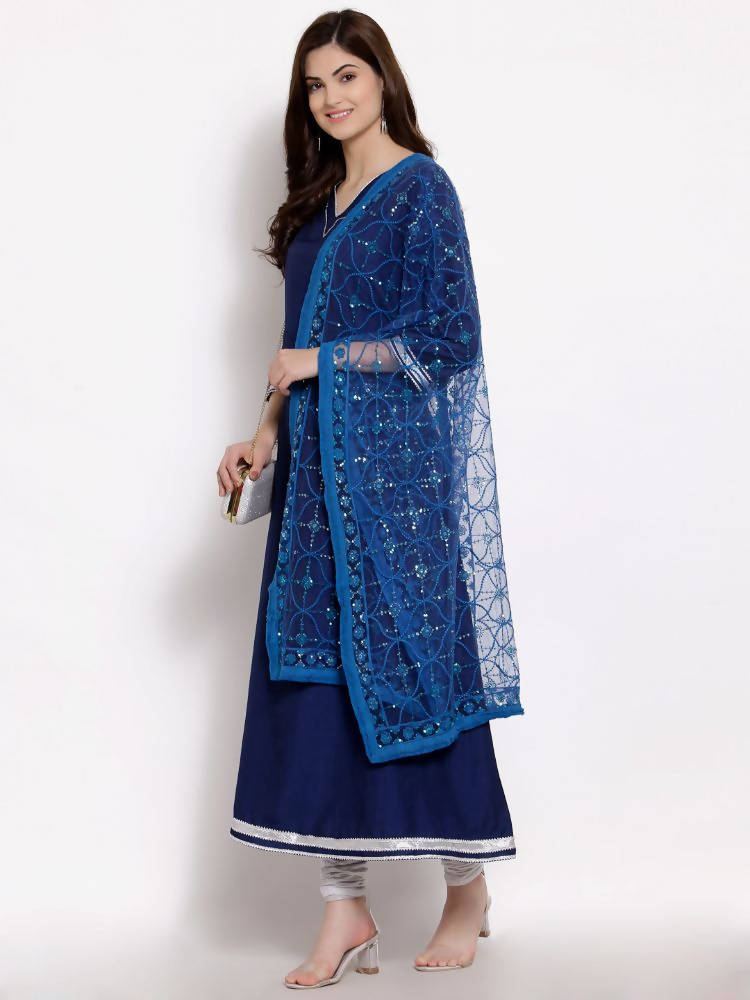 Myshka Women's Navy Blue Cotton 3/4 Sleeve V Neck Solid Casual Anarkali Kurta Dupatta Set | Grocsy