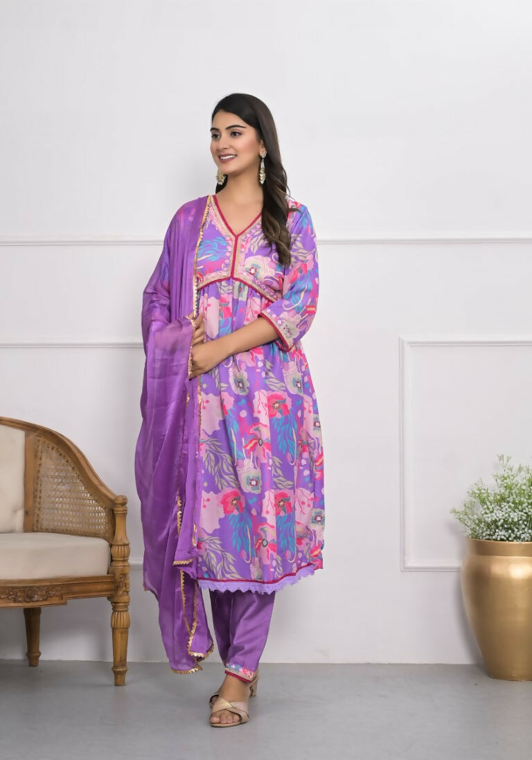 Lavender Muslin silk Embroidery with Thread and sequence Stitched Suit With Dupatta - Tanisha | Grocsy