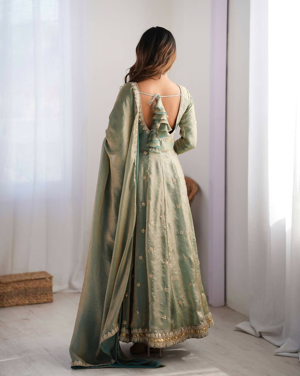 The52 Women's Beautiful Fandy Silk Fabric Embroidery Work Flared Anarkali Pant and Dupatta Set | Grocsy